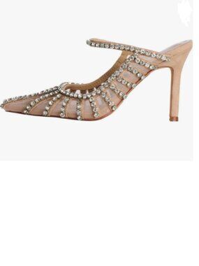 FYS Nude Pointed Toe Slip on Mules Rhinestone Studded Stiletto High Heel Sandals